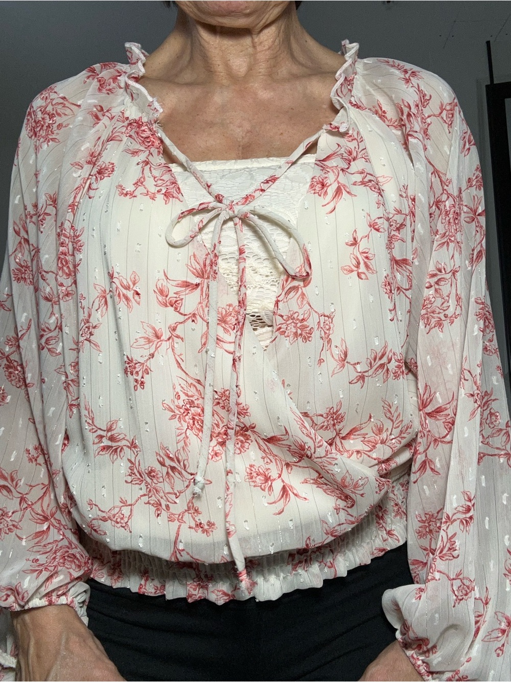 Peach Love California Cream Blouse with Pink Floral Print